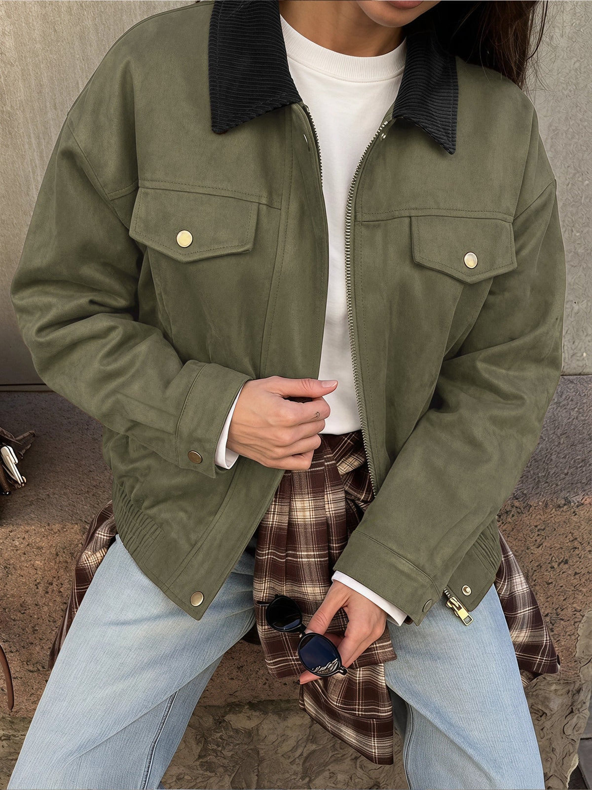 Greta Faux Suede Corduroy-Collar Jacket