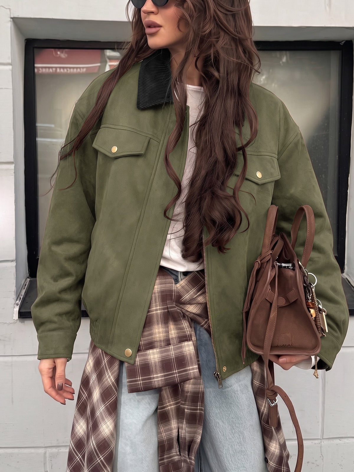 Greta Faux Suede Corduroy-Collar Jacket