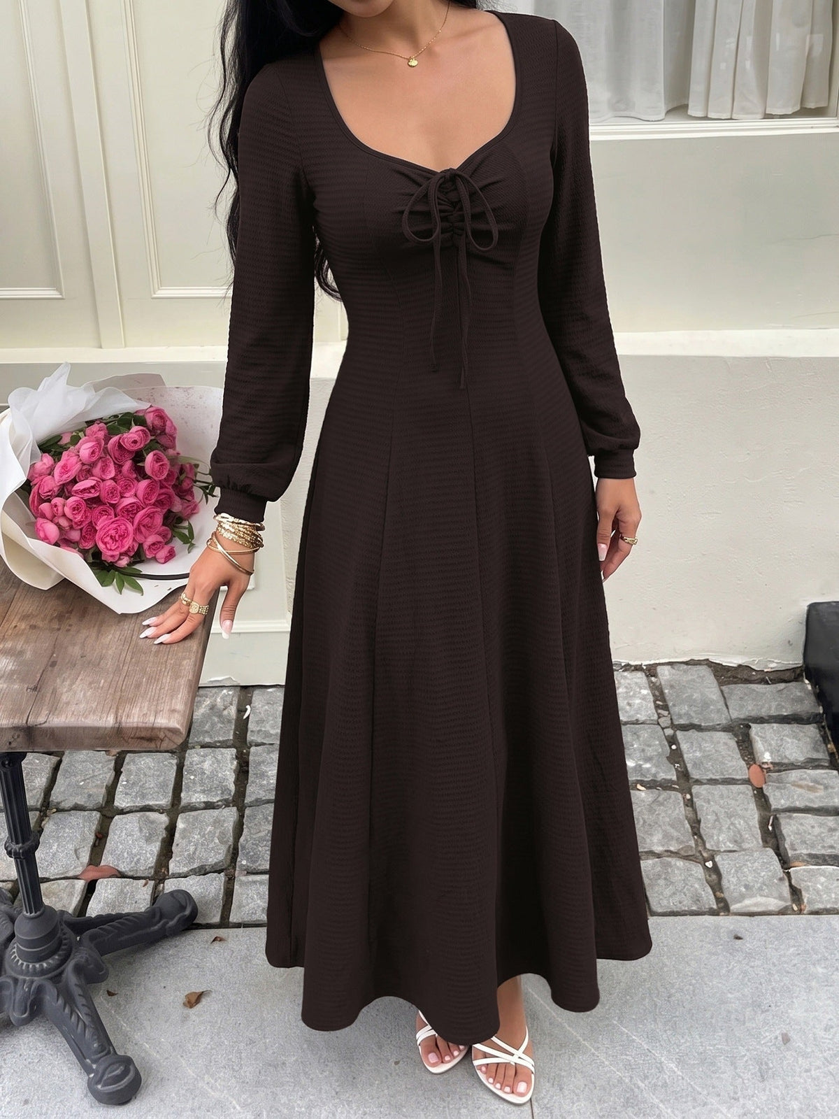 Talitha Textured Knit Lace-Up Maxi Dress
