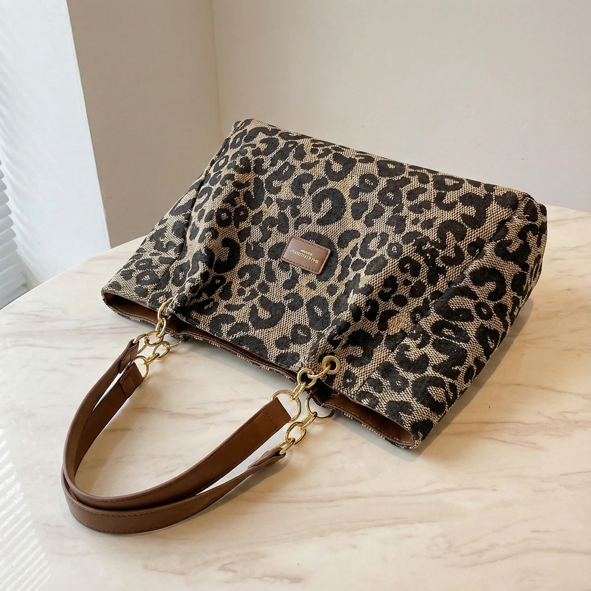 Lynxe Leopard Woven Canvas Chain Shoulder Bag