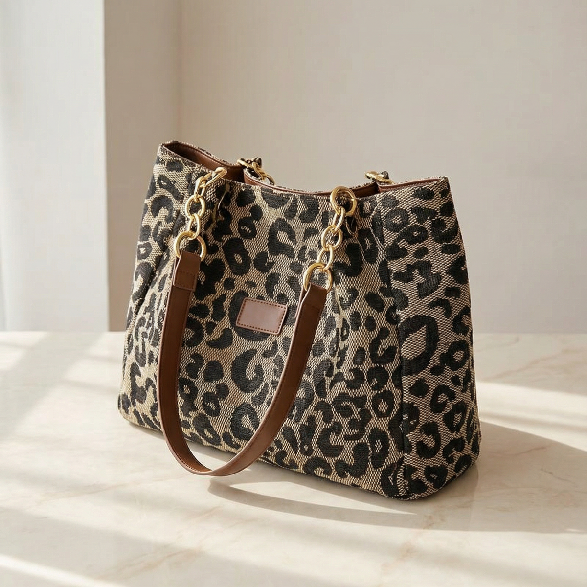 Lynxe Leopard Woven Canvas Chain Shoulder Bag