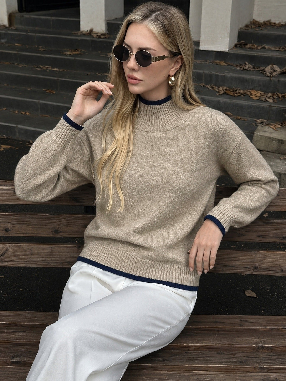 Agneta Contrast Trim Mock Neck Sweater
