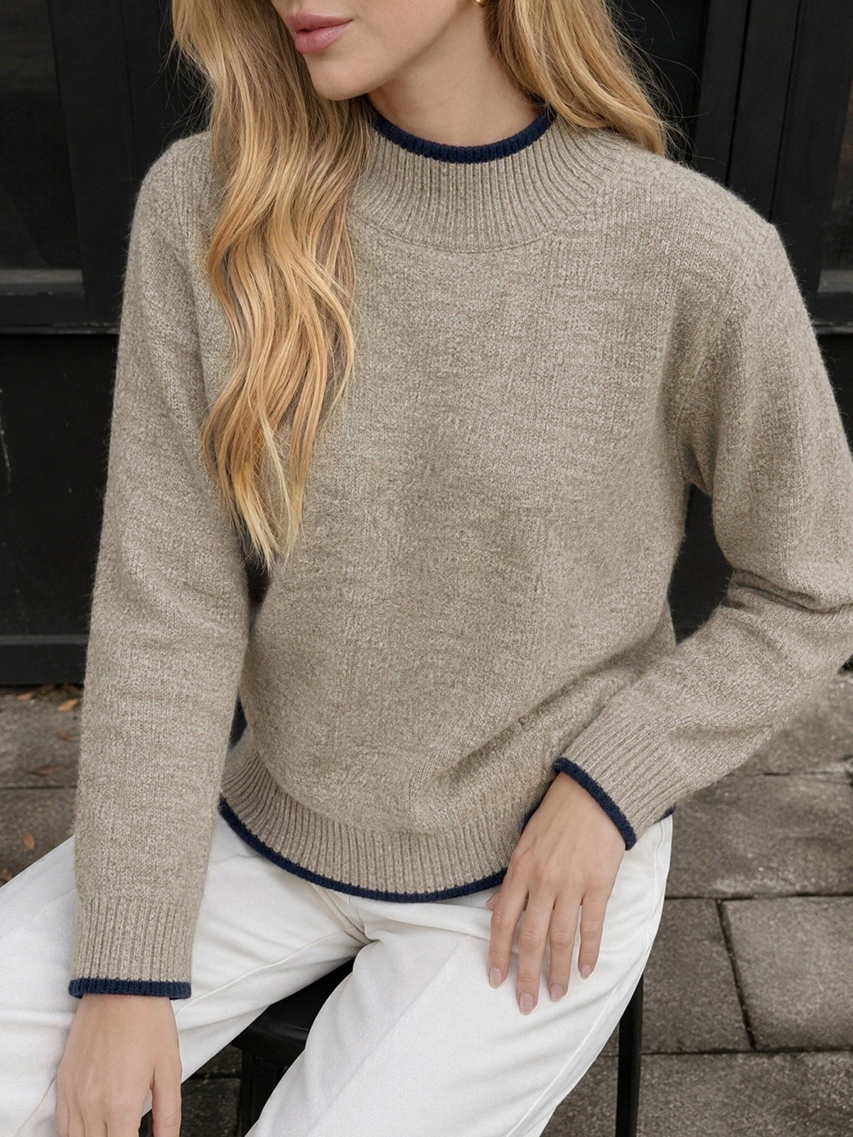 Agneta Contrast Trim Mock Neck Sweater