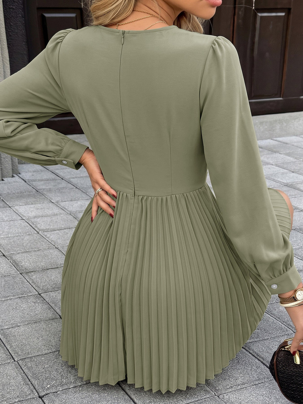 Lotte Pleated V-Neck Long Sleeve Mini Dress