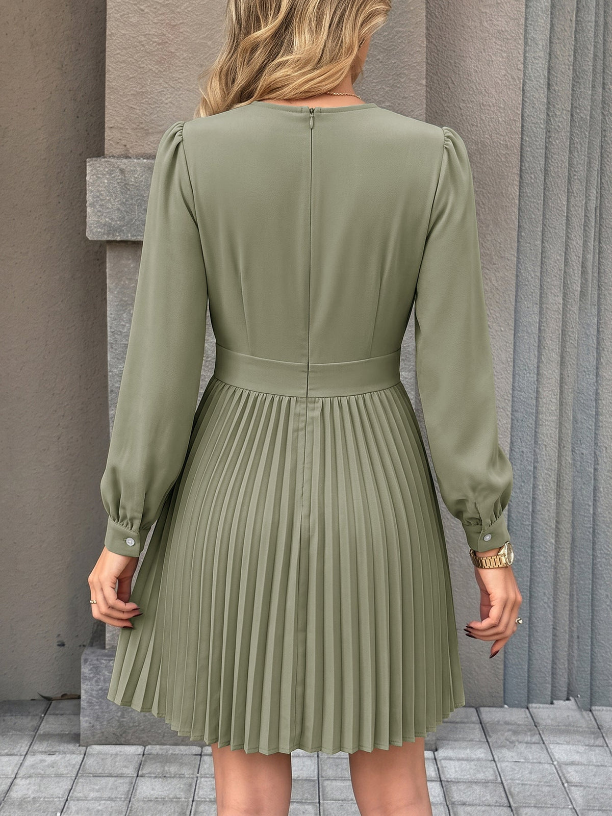 Lotte Pleated V-Neck Long Sleeve Mini Dress