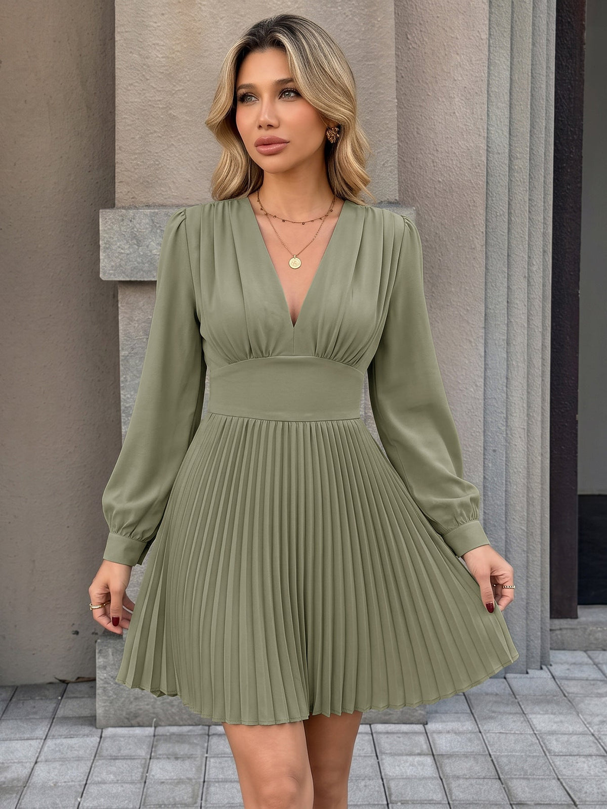 Lotte Pleated V-Neck Long Sleeve Mini Dress