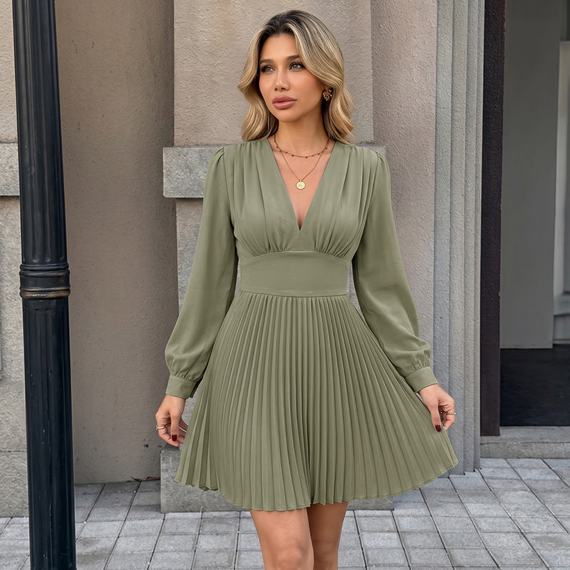 Lotte Pleated V-Neck Long Sleeve Mini Dress