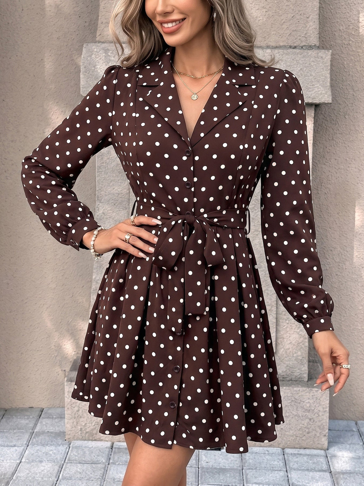 Roshan Polka Dot Collared Belted Mini Dress