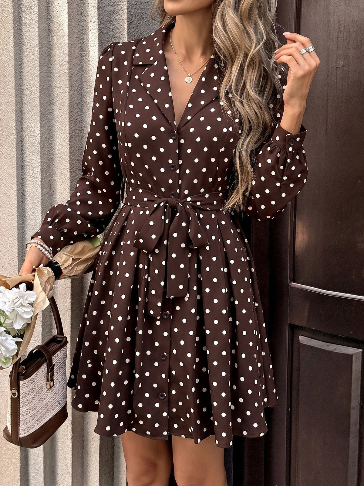 Roshan Polka Dot Collared Belted Mini Dress