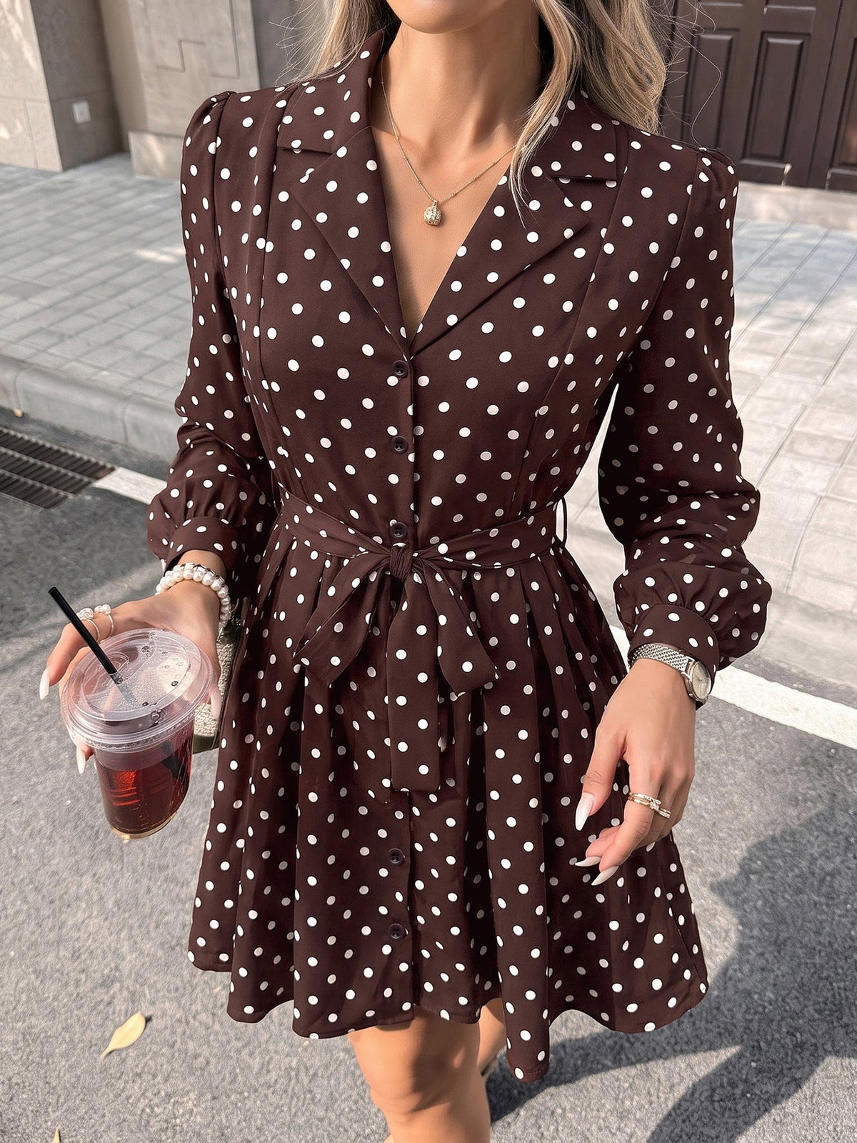 Roshan Polka Dot Collared Belted Mini Dress