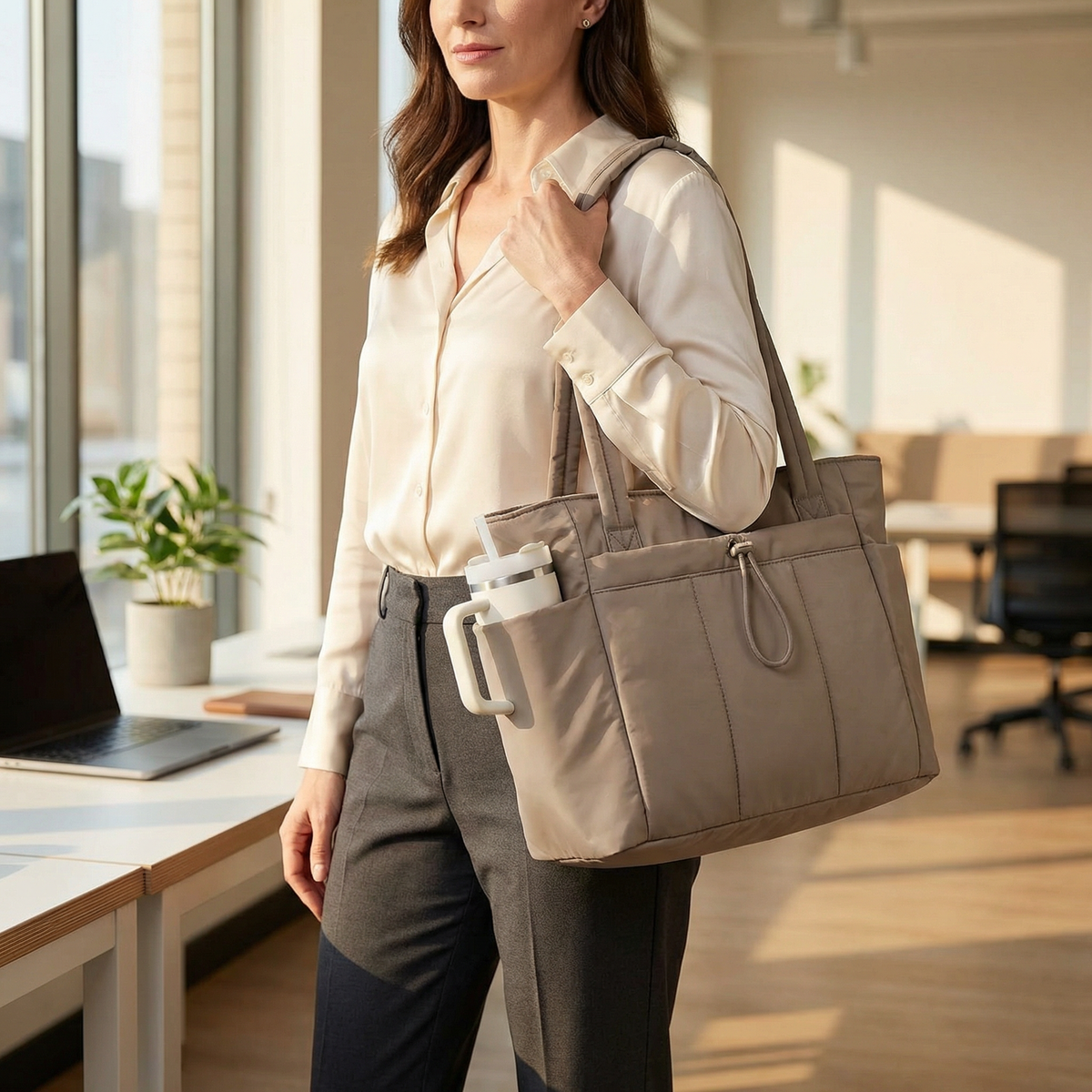 Tova Quilted Nylon Multi-Pocket Work Tote Bag