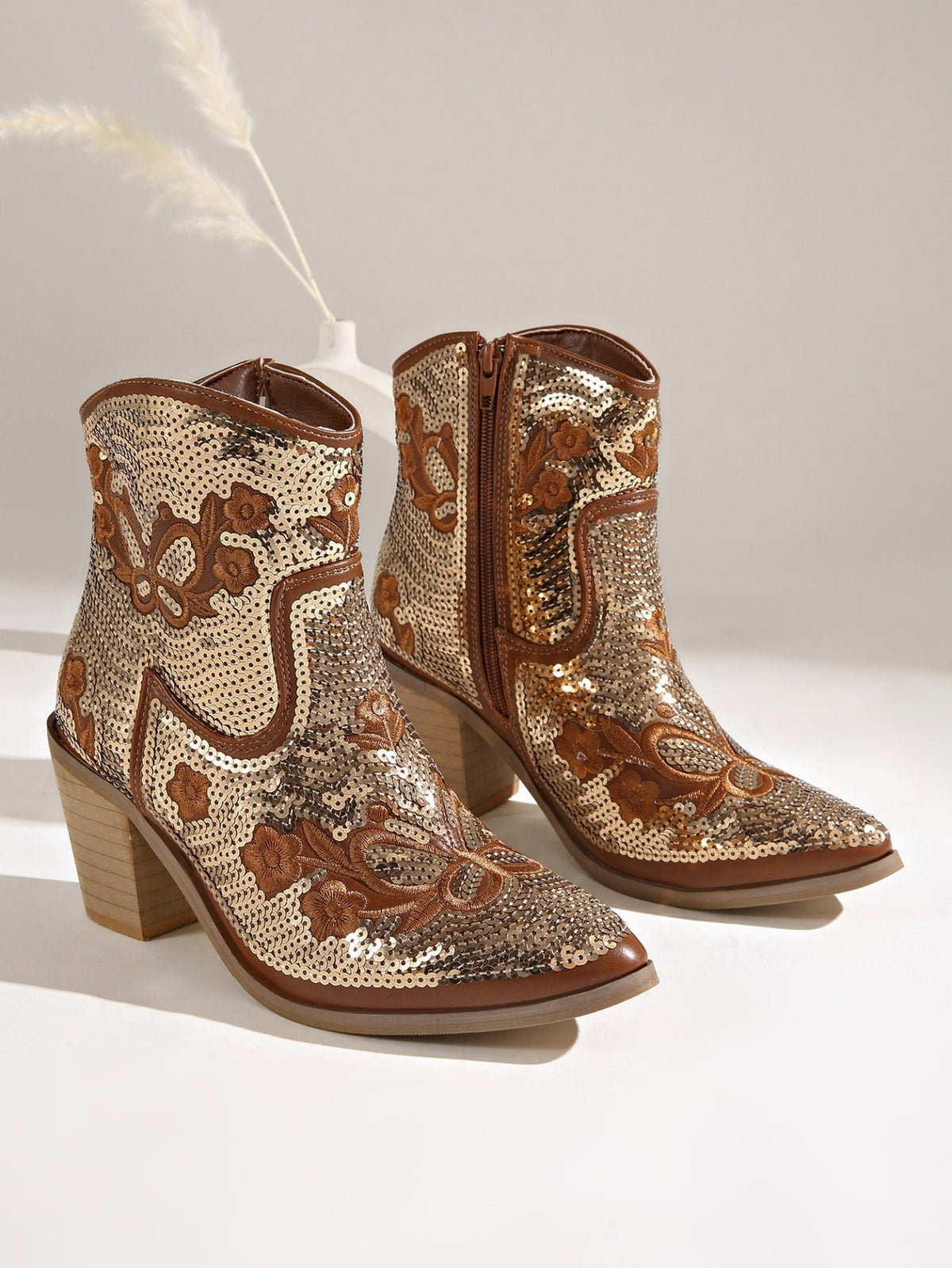 Ingrid Sequin Embroidered Western Ankle Boots