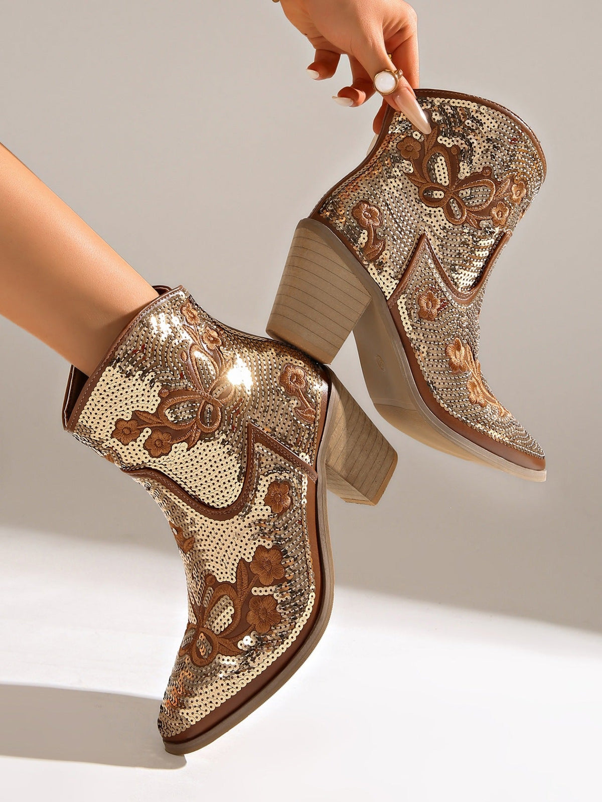 Ingrid Sequin Embroidered Western Ankle Boots