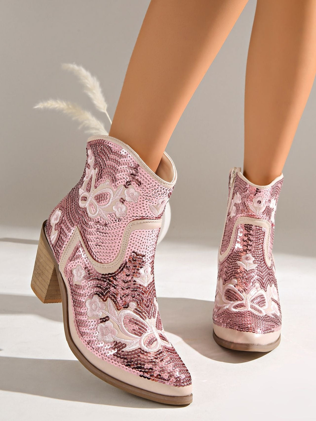 Ingrid Sequin Embroidered Western Ankle Boots