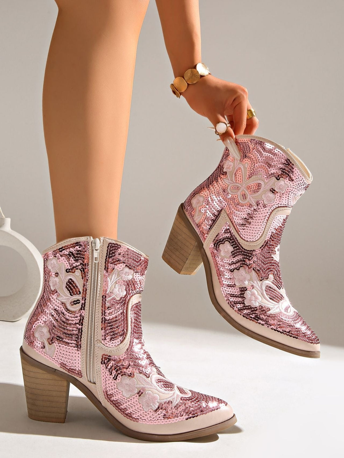 Ingrid Sequin Embroidered Western Ankle Boots
