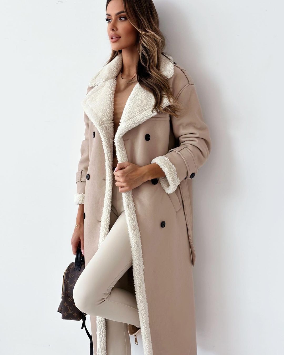 Hazel Sherpa Trim Faux Suede Longline Coat