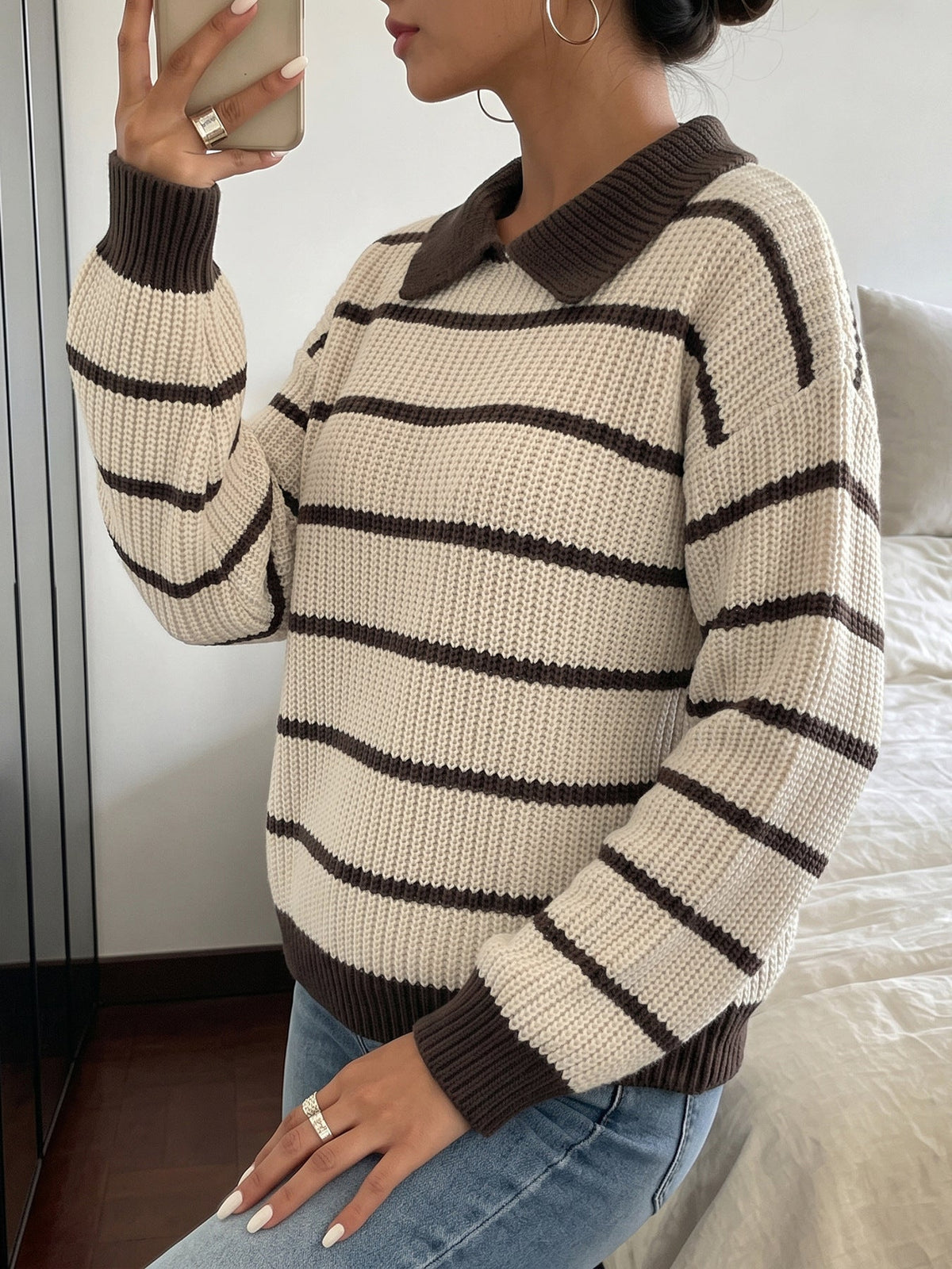 Zora Striped Polo Collar Knit Sweater