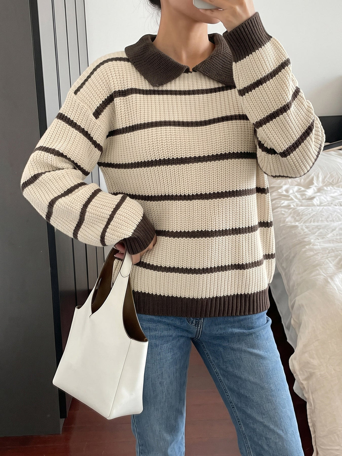 Zora Striped Polo Collar Knit Sweater