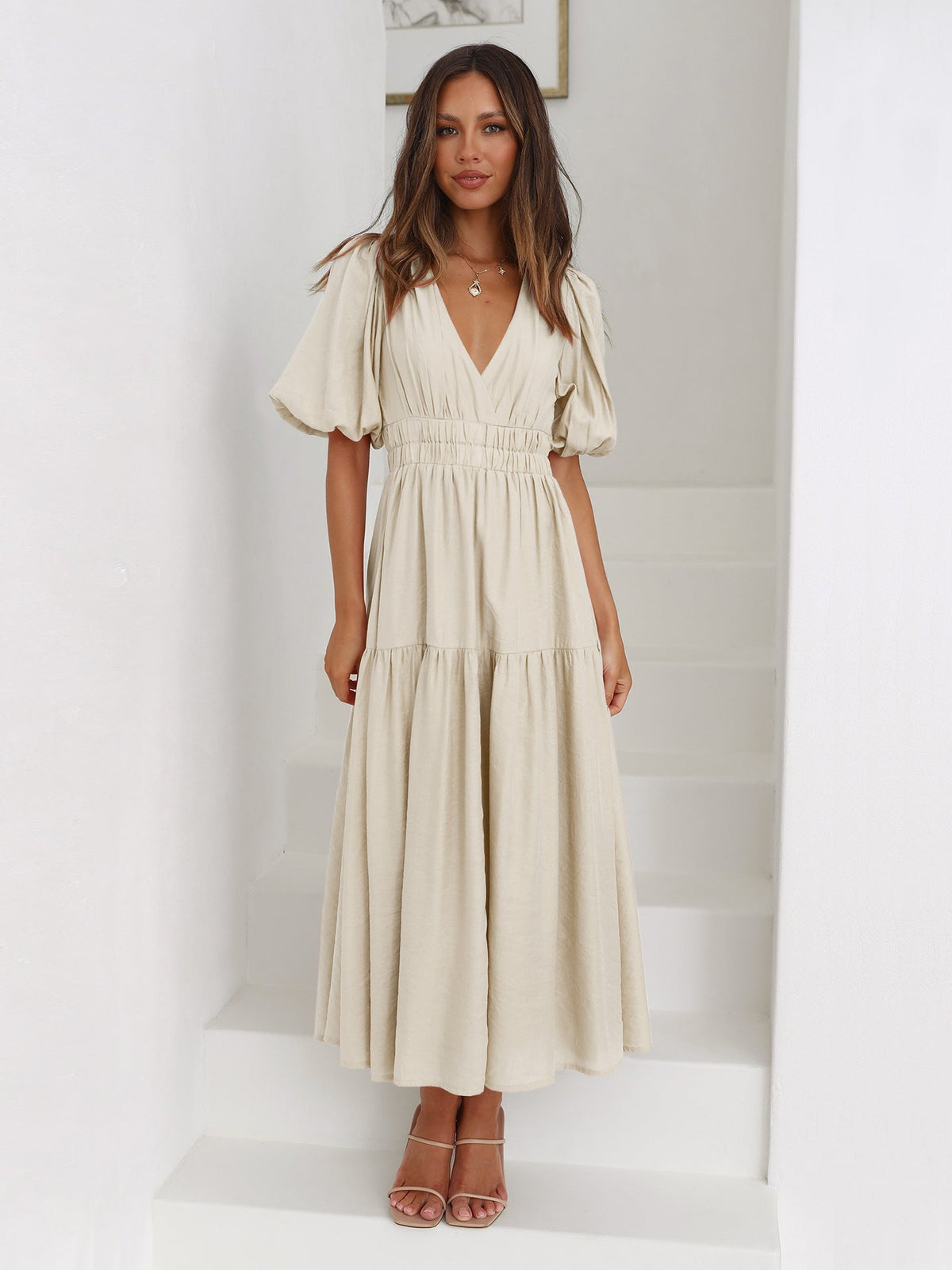Sanne Tiered Puff Sleeve V-Neck Maxi Dress