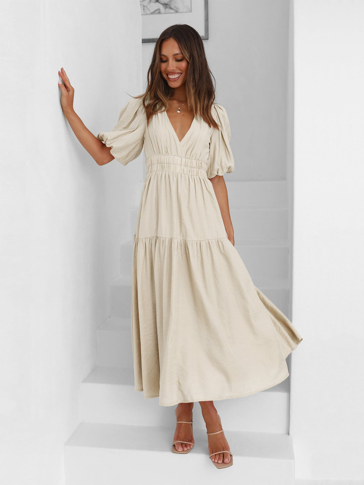 Sanne Tiered Puff Sleeve V-Neck Maxi Dress