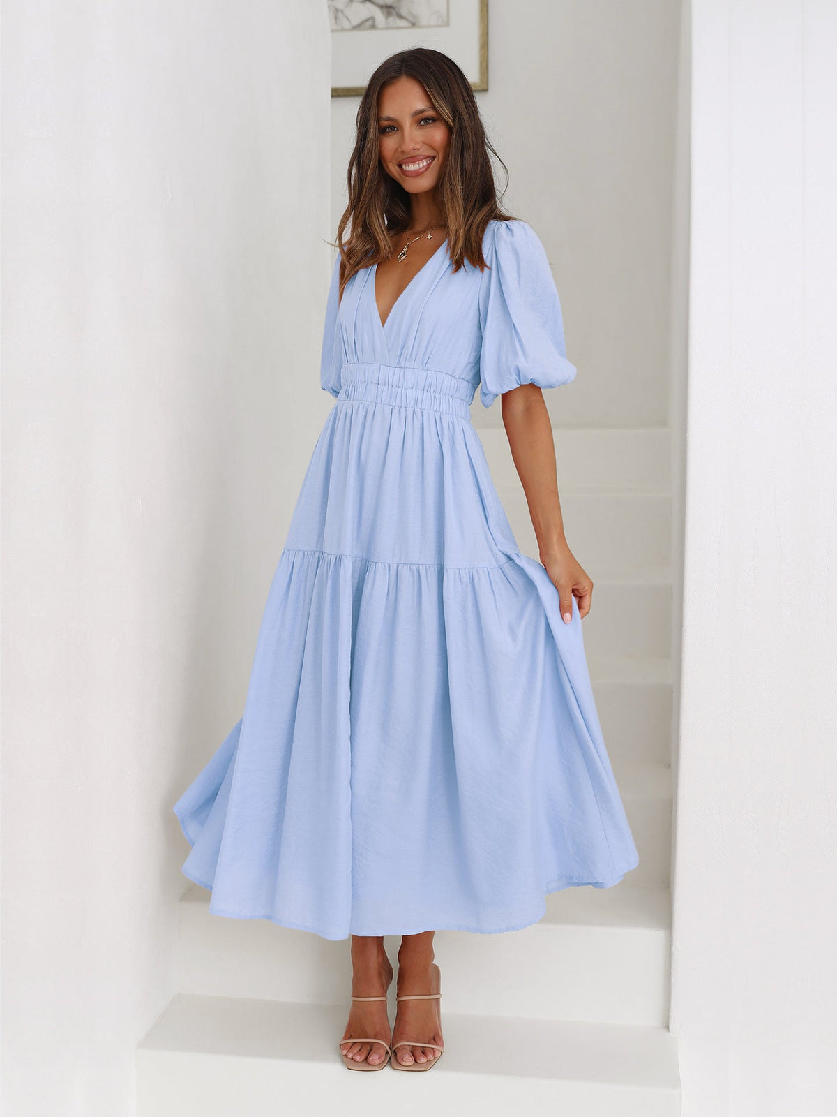 Sanne Tiered Puff Sleeve V-Neck Maxi Dress