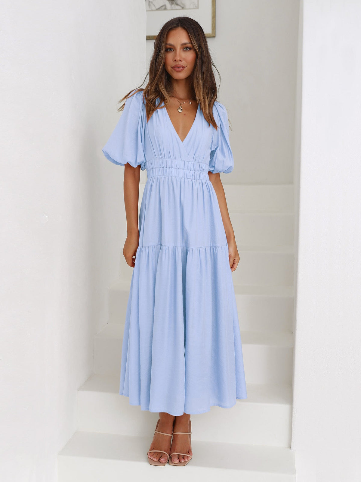 Sanne Tiered Puff Sleeve V-Neck Maxi Dress
