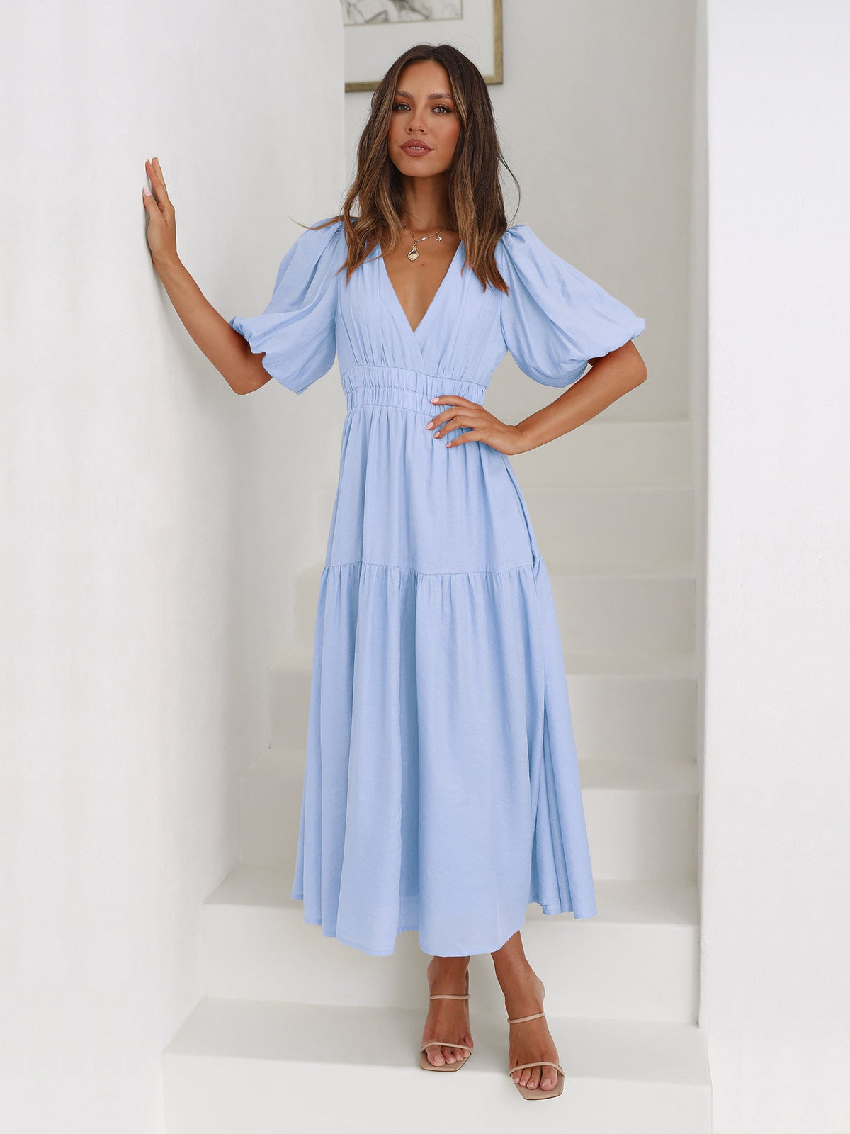 Sanne Tiered Puff Sleeve V-Neck Maxi Dress