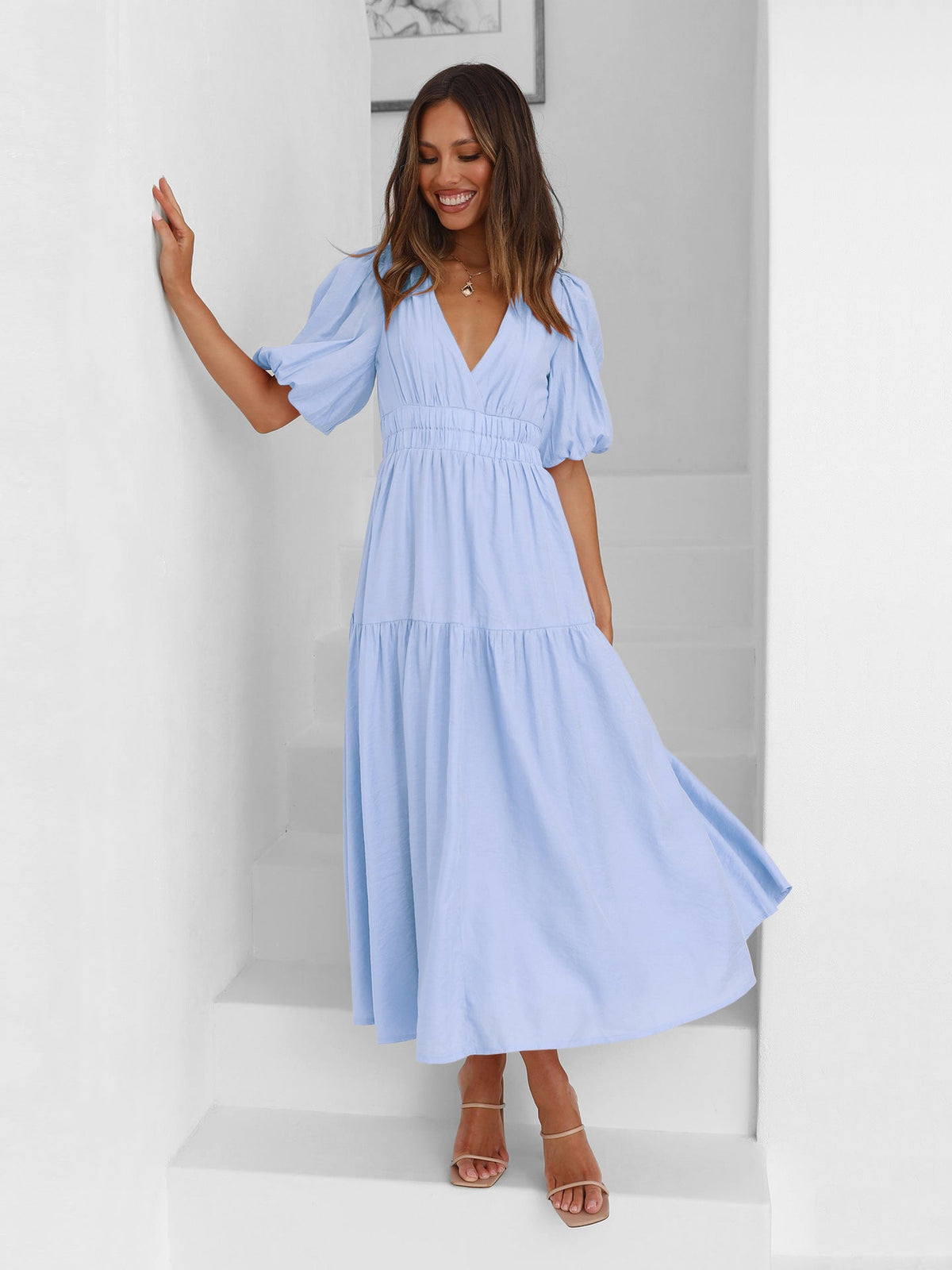 Sanne Tiered Puff Sleeve V-Neck Maxi Dress