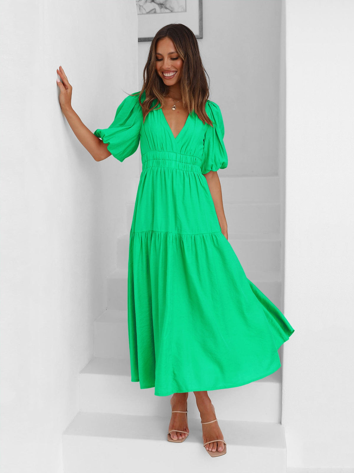Sanne Tiered Puff Sleeve V-Neck Maxi Dress