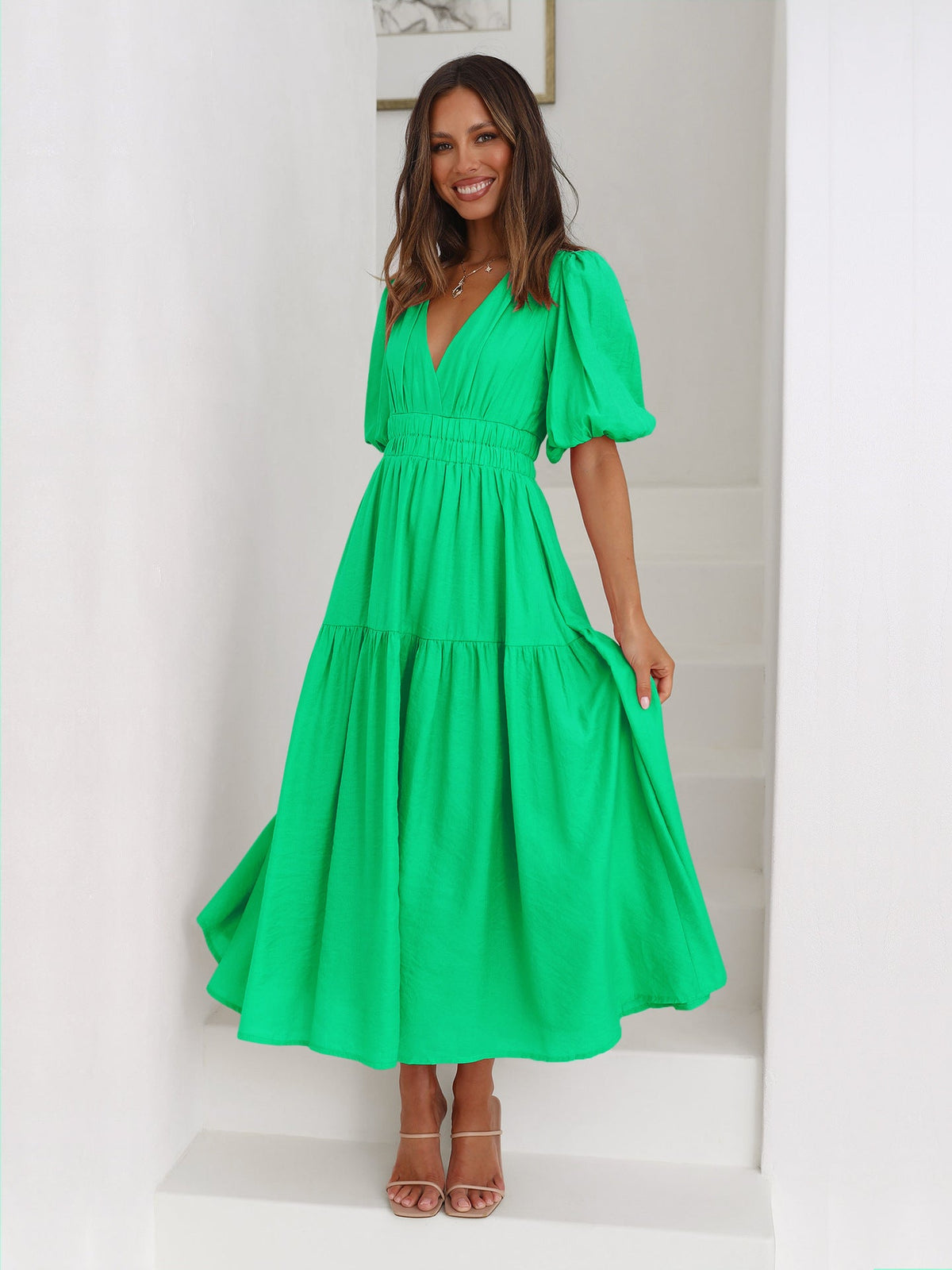 Sanne Tiered Puff Sleeve V-Neck Maxi Dress