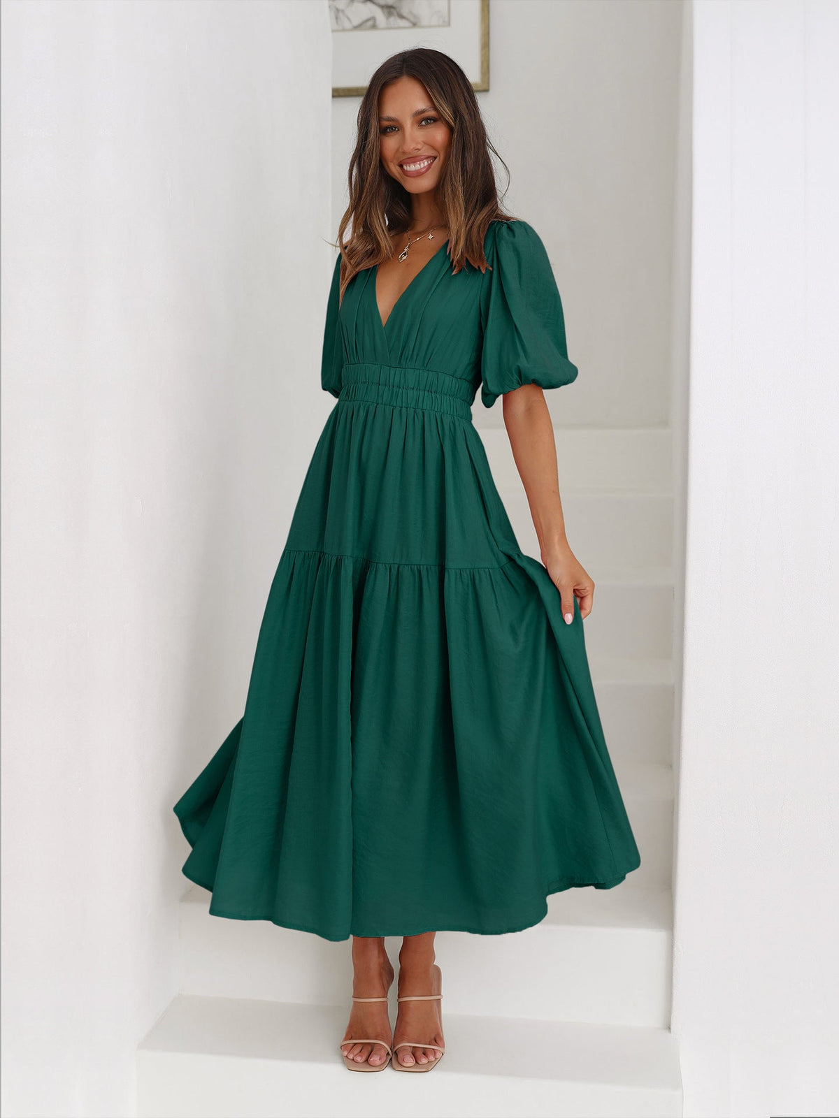 Sanne Tiered Puff Sleeve V-Neck Maxi Dress