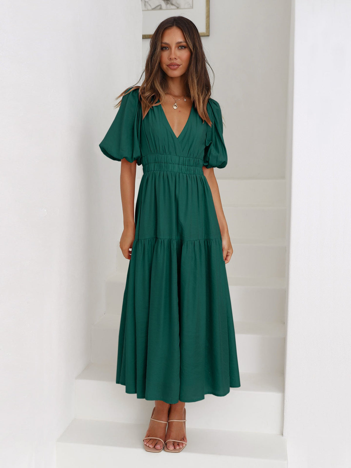 Sanne Tiered Puff Sleeve V-Neck Maxi Dress