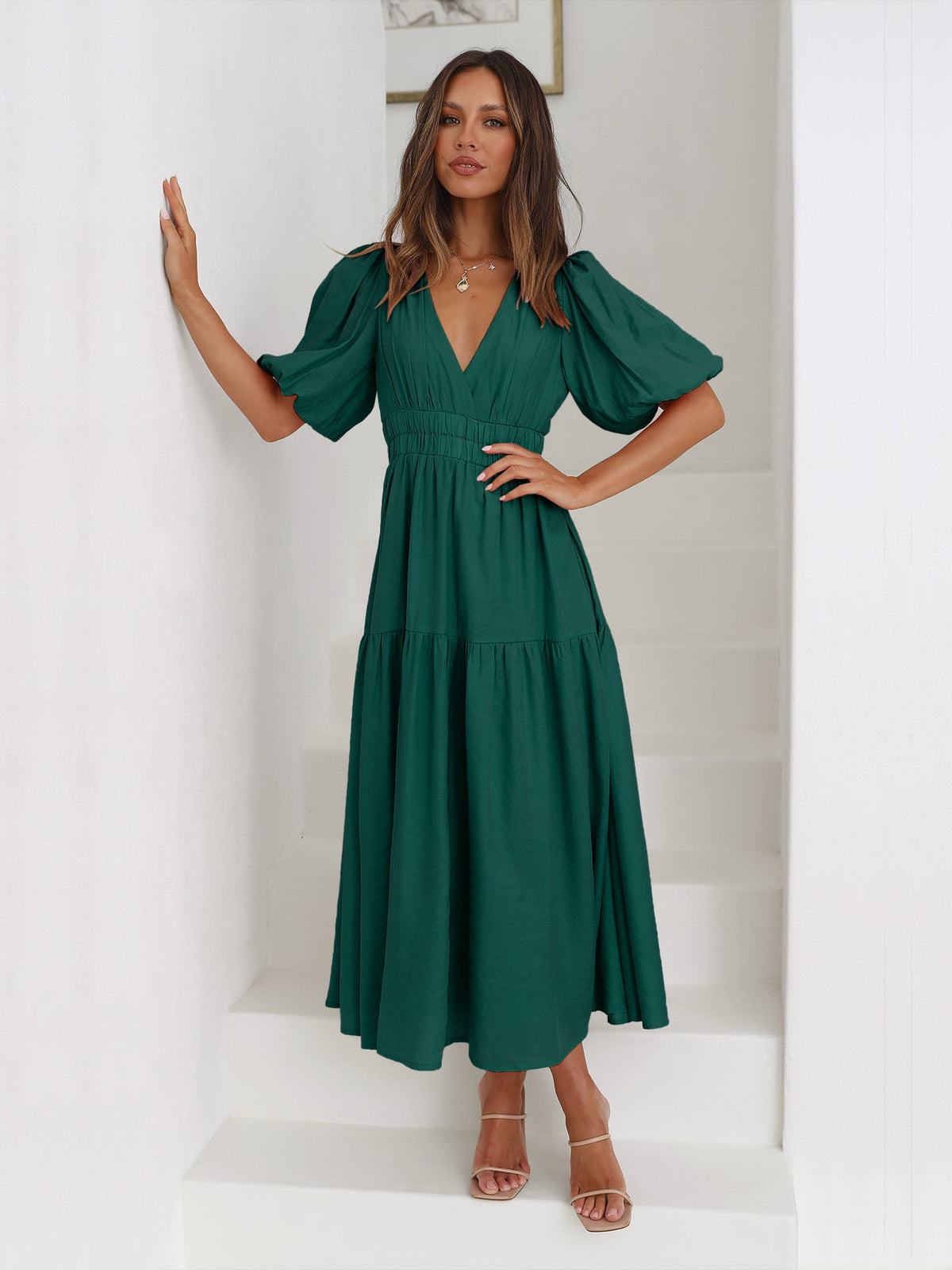 Sanne Tiered Puff Sleeve V-Neck Maxi Dress