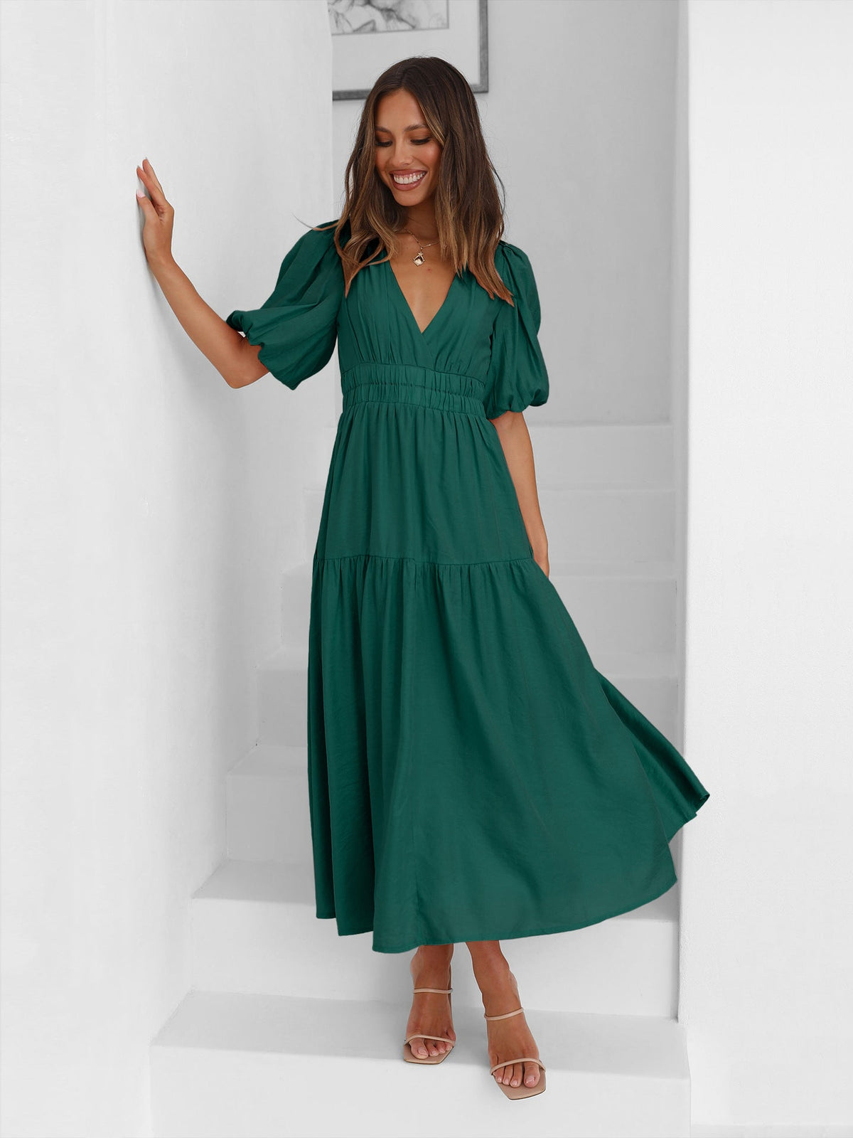Sanne Tiered Puff Sleeve V-Neck Maxi Dress