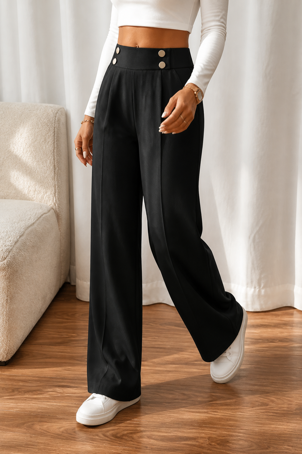 Lieke Metallic-Button Wide-Leg Trousers
