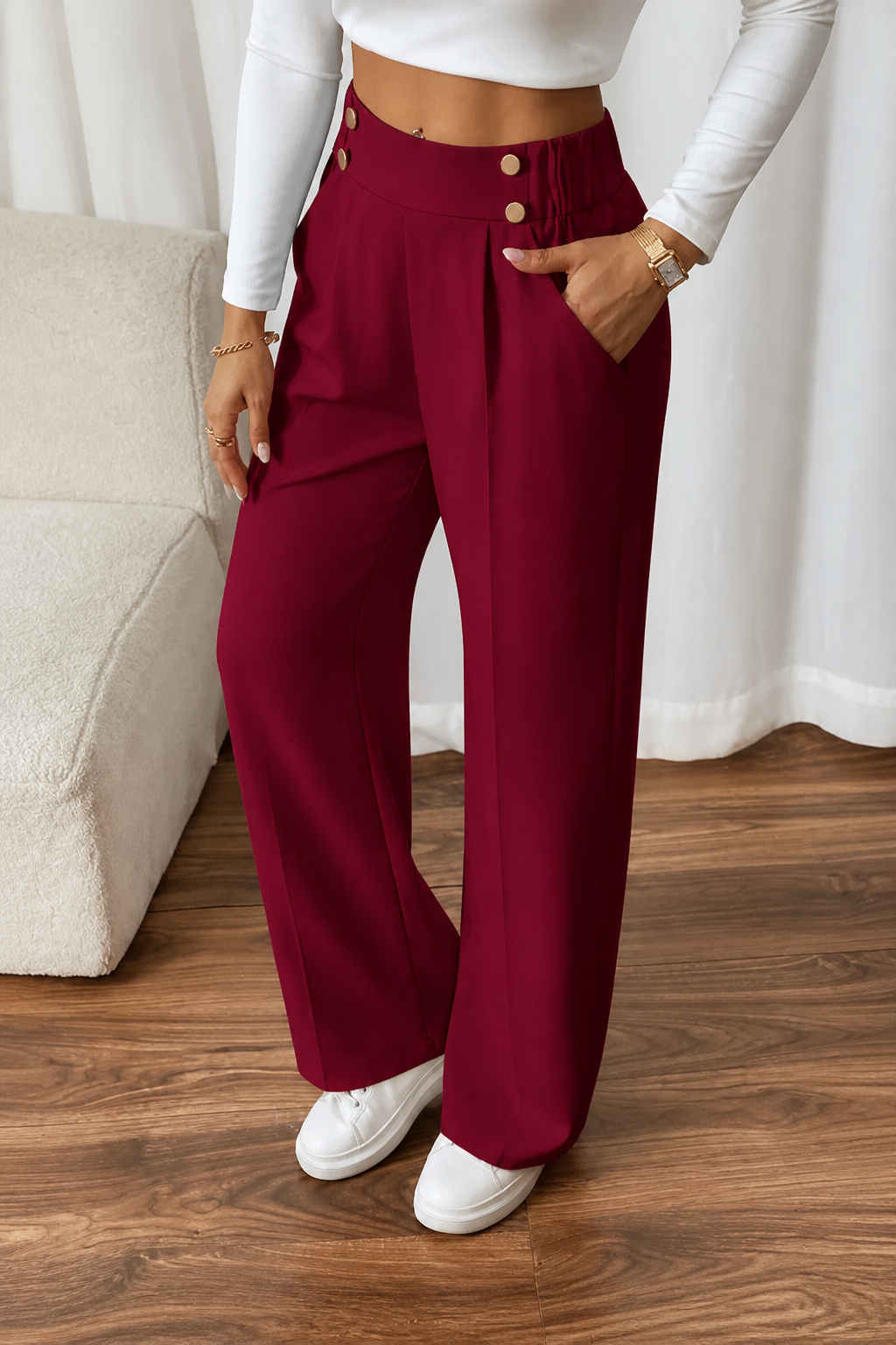 Lieke Metallic-Button Wide-Leg Trousers
