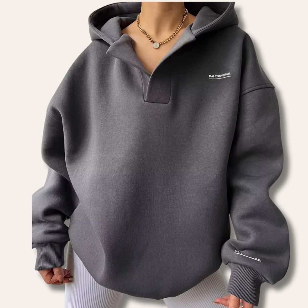 Candice | Womens Oversized Pullover Hoodie, Notch Neck | Drop Shoulder, Cuffed Sleeves | Beige, Gray, Pinkish Gray S-2XL