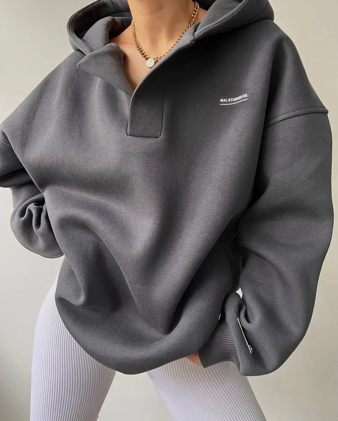 Candice | Womens Oversized Pullover Hoodie, Notch Neck | Drop Shoulder, Cuffed Sleeves | Beige, Gray, Pinkish Gray S-2XL