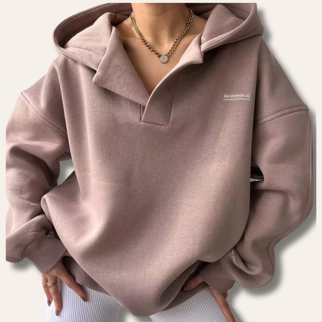 Candice | Womens Oversized Pullover Hoodie, Notch Neck | Drop Shoulder, Cuffed Sleeves | Beige, Gray, Pinkish Gray S-2XL