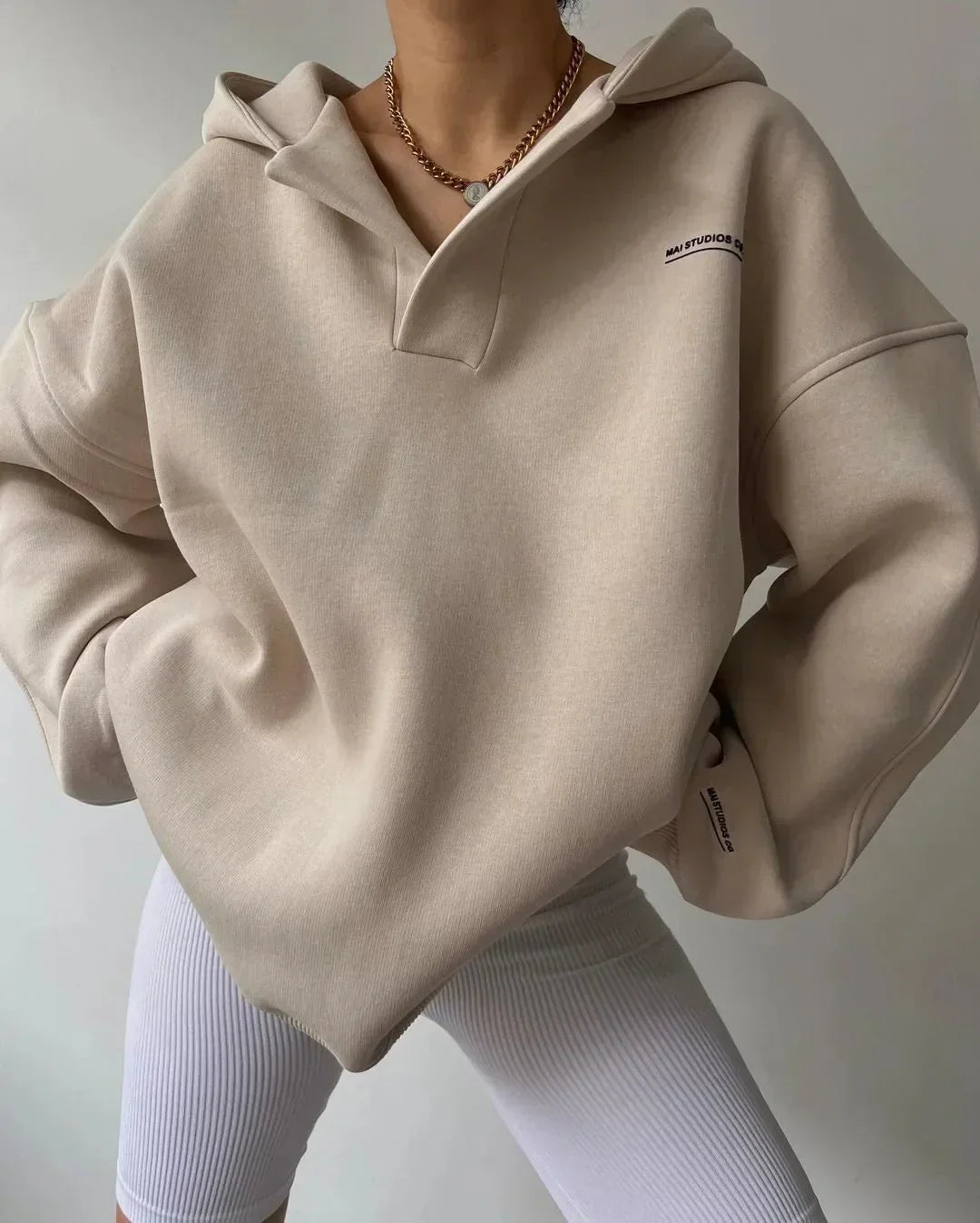 Candice | Womens Oversized Pullover Hoodie, Notch Neck | Drop Shoulder, Cuffed Sleeves | Beige, Gray, Pinkish Gray S-2XL