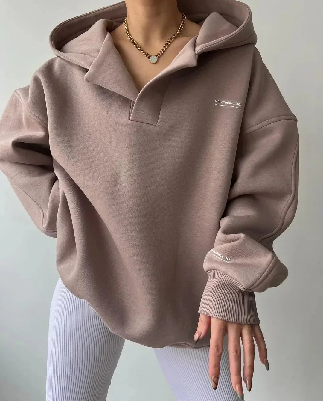 Candice | Womens Oversized Pullover Hoodie, Notch Neck | Drop Shoulder, Cuffed Sleeves | Beige, Gray, Pinkish Gray S-2XL