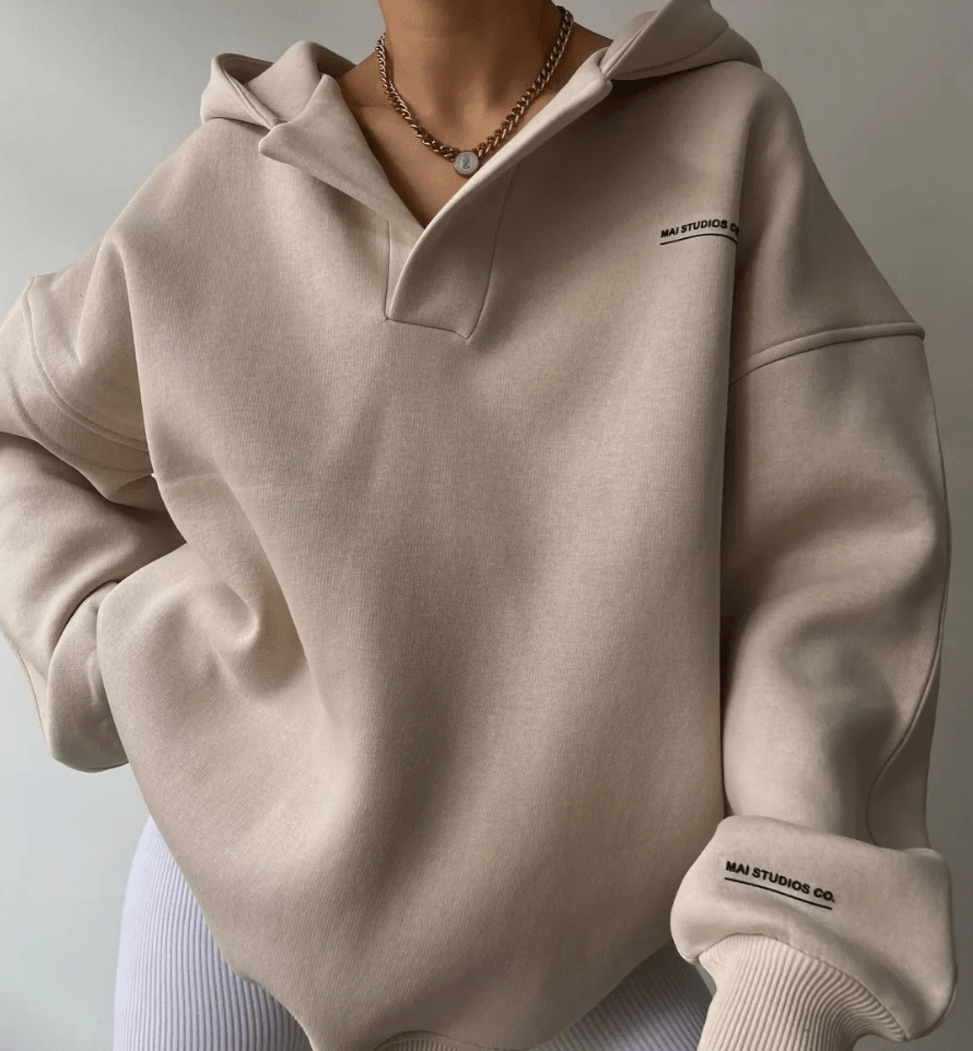 Candice | Womens Oversized Pullover Hoodie, Notch Neck | Drop Shoulder, Cuffed Sleeves | Beige, Gray, Pinkish Gray S-2XL