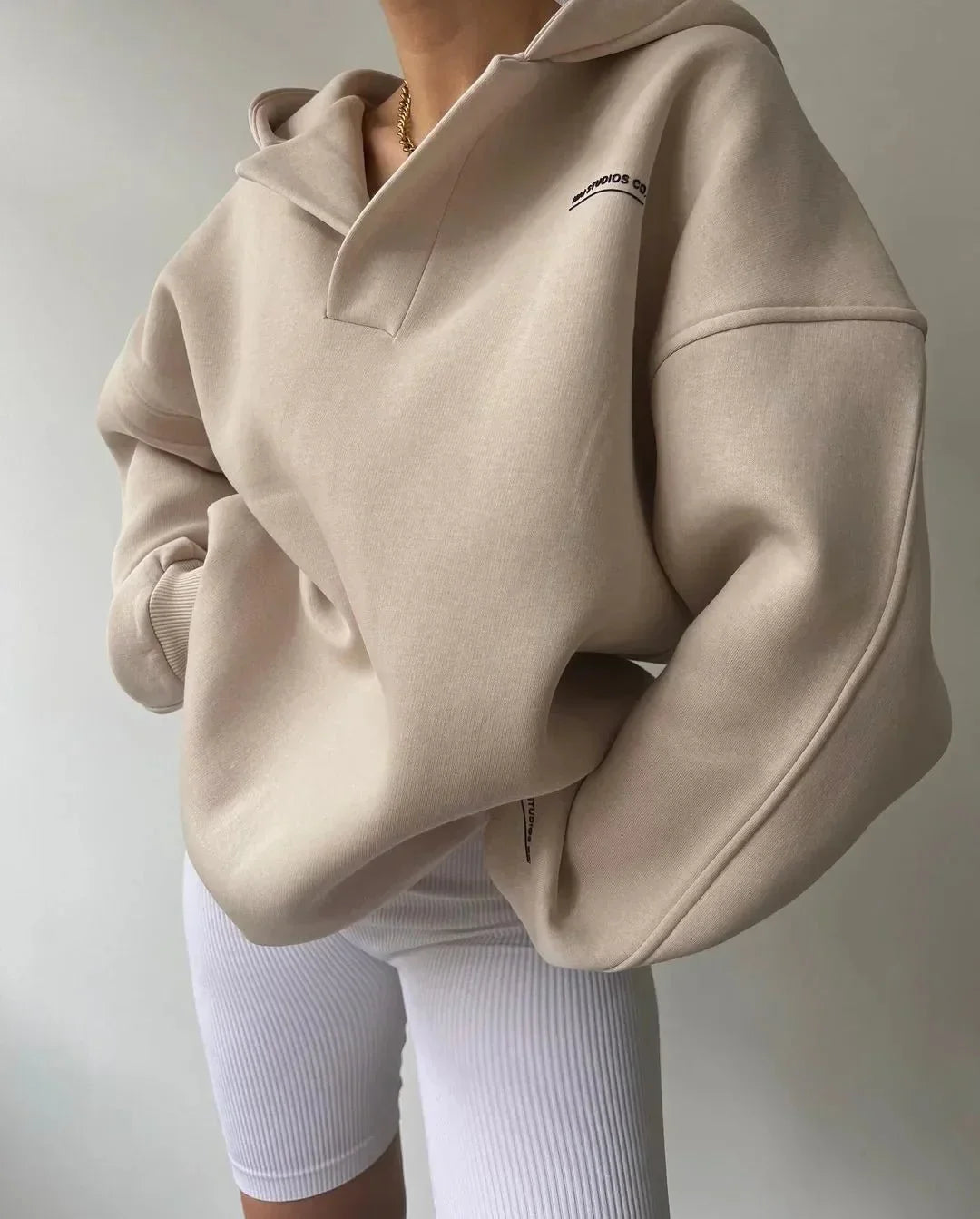 Candice | Womens Oversized Pullover Hoodie, Notch Neck | Drop Shoulder, Cuffed Sleeves | Beige, Gray, Pinkish Gray S-2XL