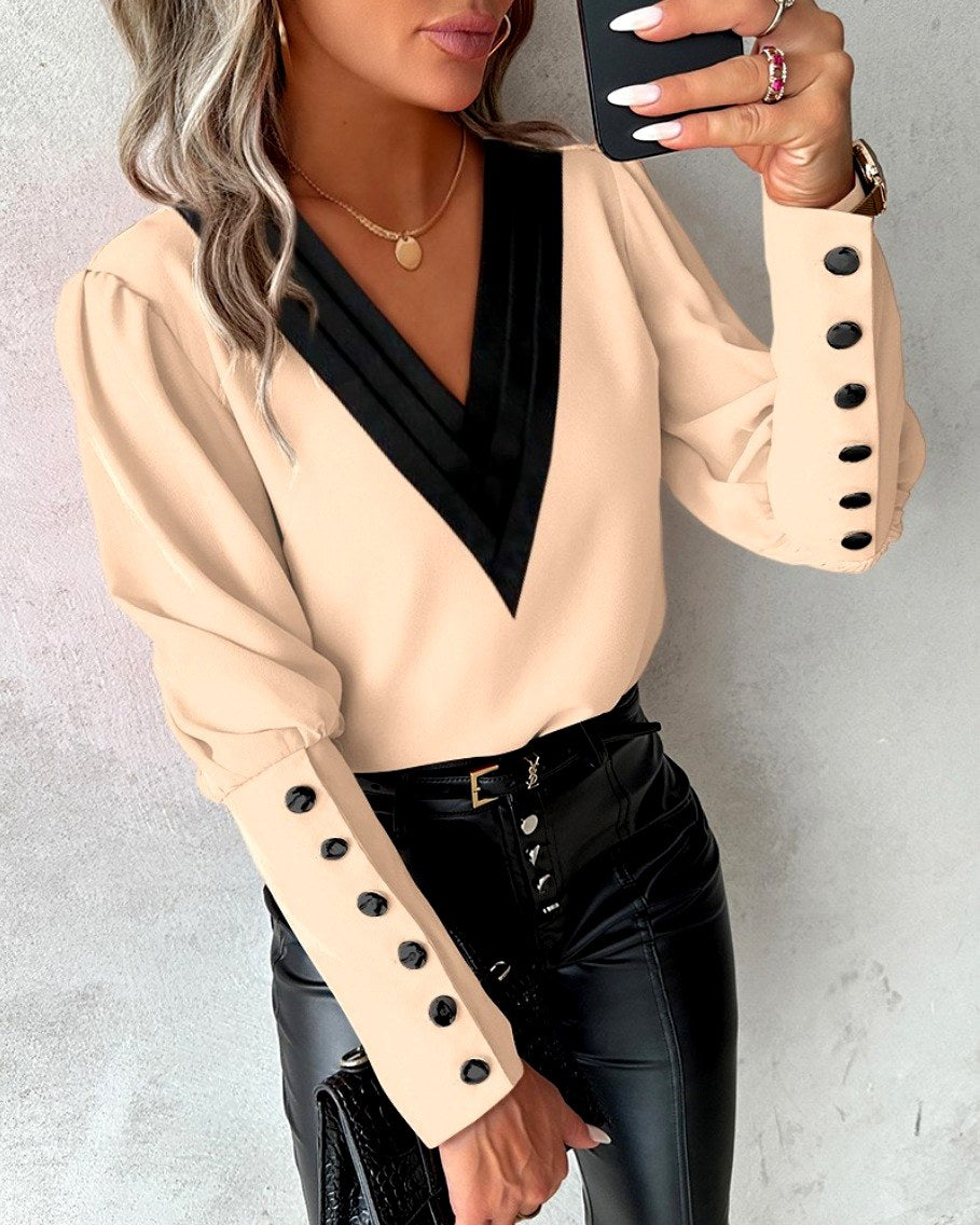 Marielle - Women's Contrast V-Neck Button Cuff Blouse