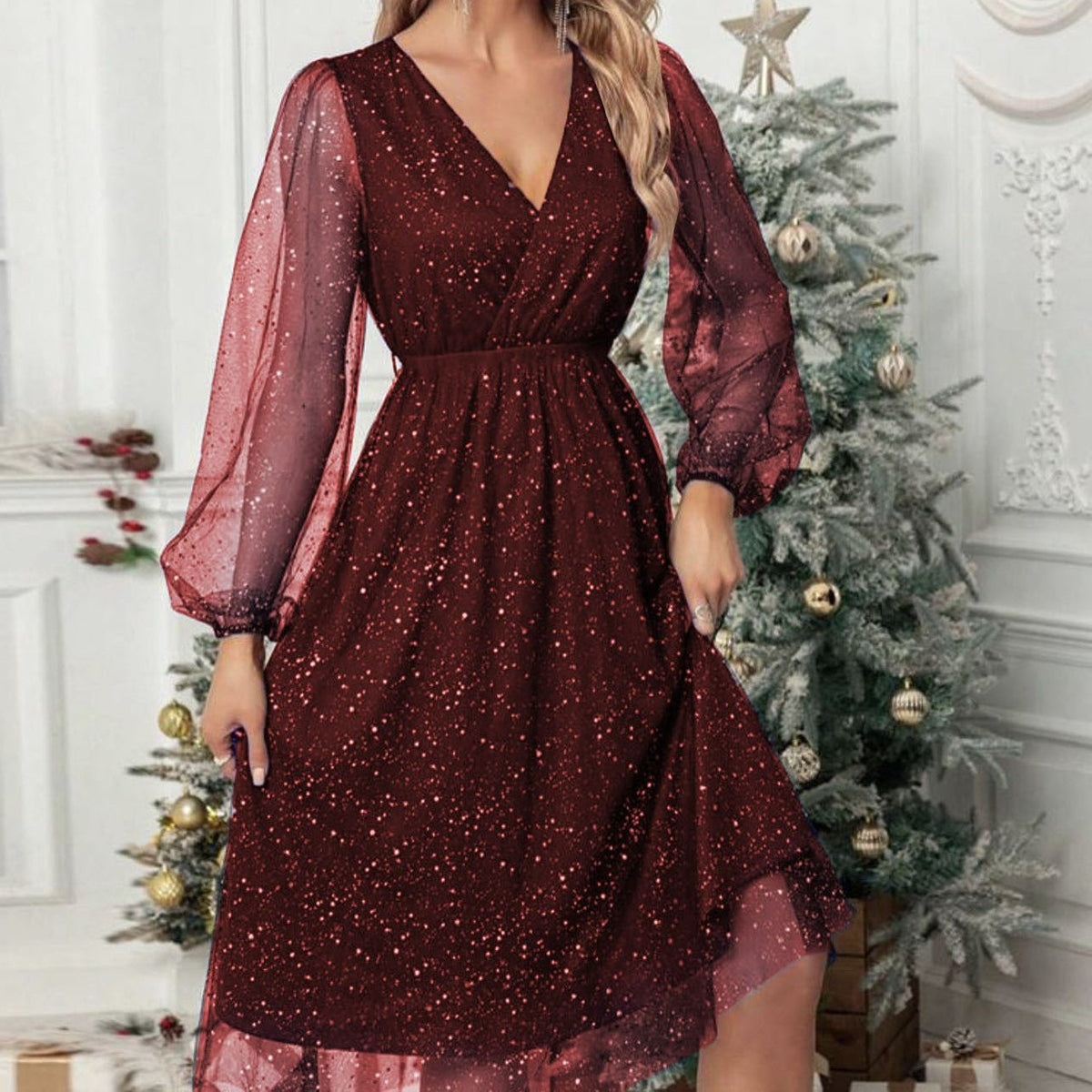 Marisa | Glitter Midi Dress with V-Neck and Balloon Sleeves for Women