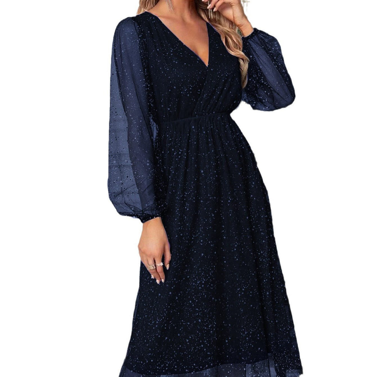Marisa | Glitter Midi Dress with V-Neck and Balloon Sleeves for Women