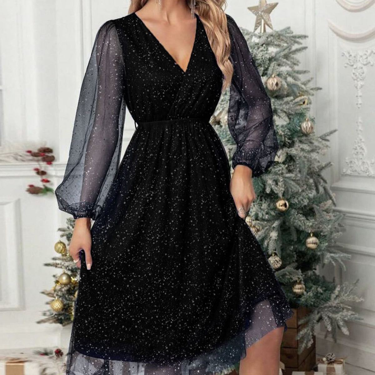 Marisa | Glitter Midi Dress with V-Neck and Balloon Sleeves for Women