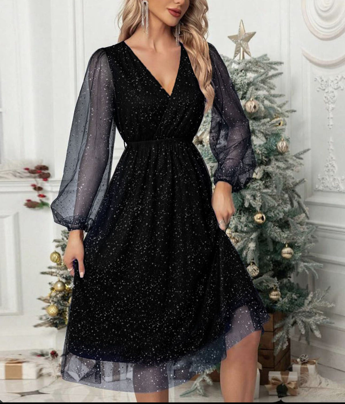 Marisa | Glitter Midi Dress with V-Neck and Balloon Sleeves for Women
