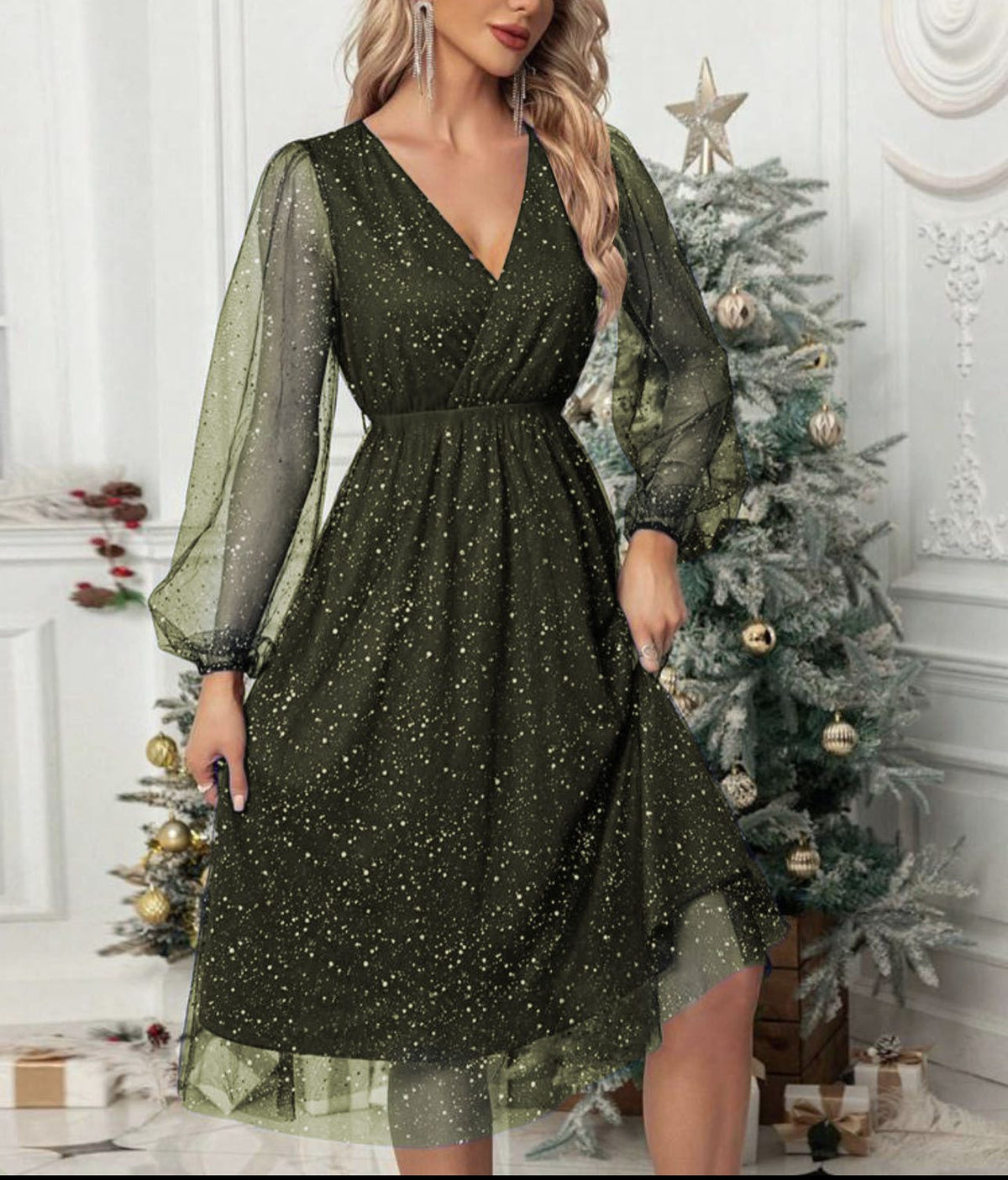 Marisa | Glitter Midi Dress with V-Neck and Balloon Sleeves for Women