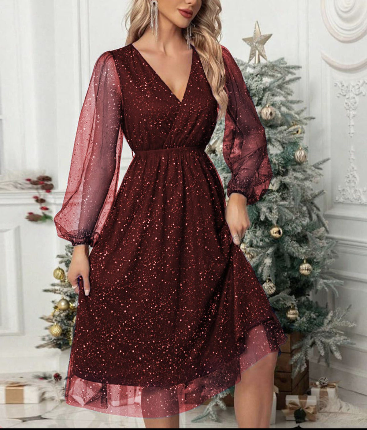 Marisa | Glitter Midi Dress with V-Neck and Balloon Sleeves for Women